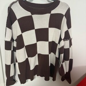 Brown and White Checkered Sweater